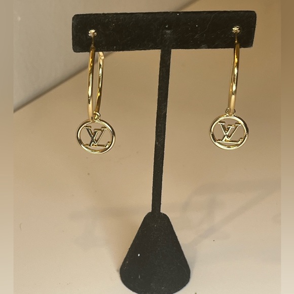 Upcycled Gold LV Louis Vuitton Charm Hoop Earrings - Picture 8 of 9